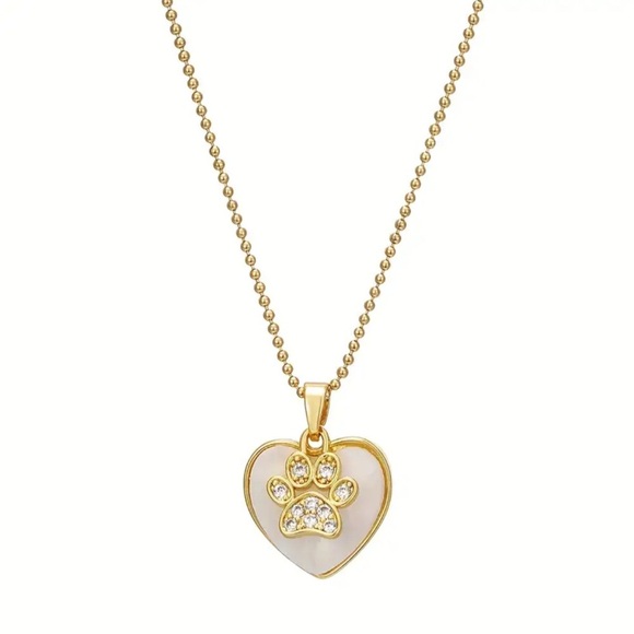 Gold Plated Stainless Steel Dog Paw Heart Pendant Chain with Cubic Zirconia NWT - Picture 1 of 5